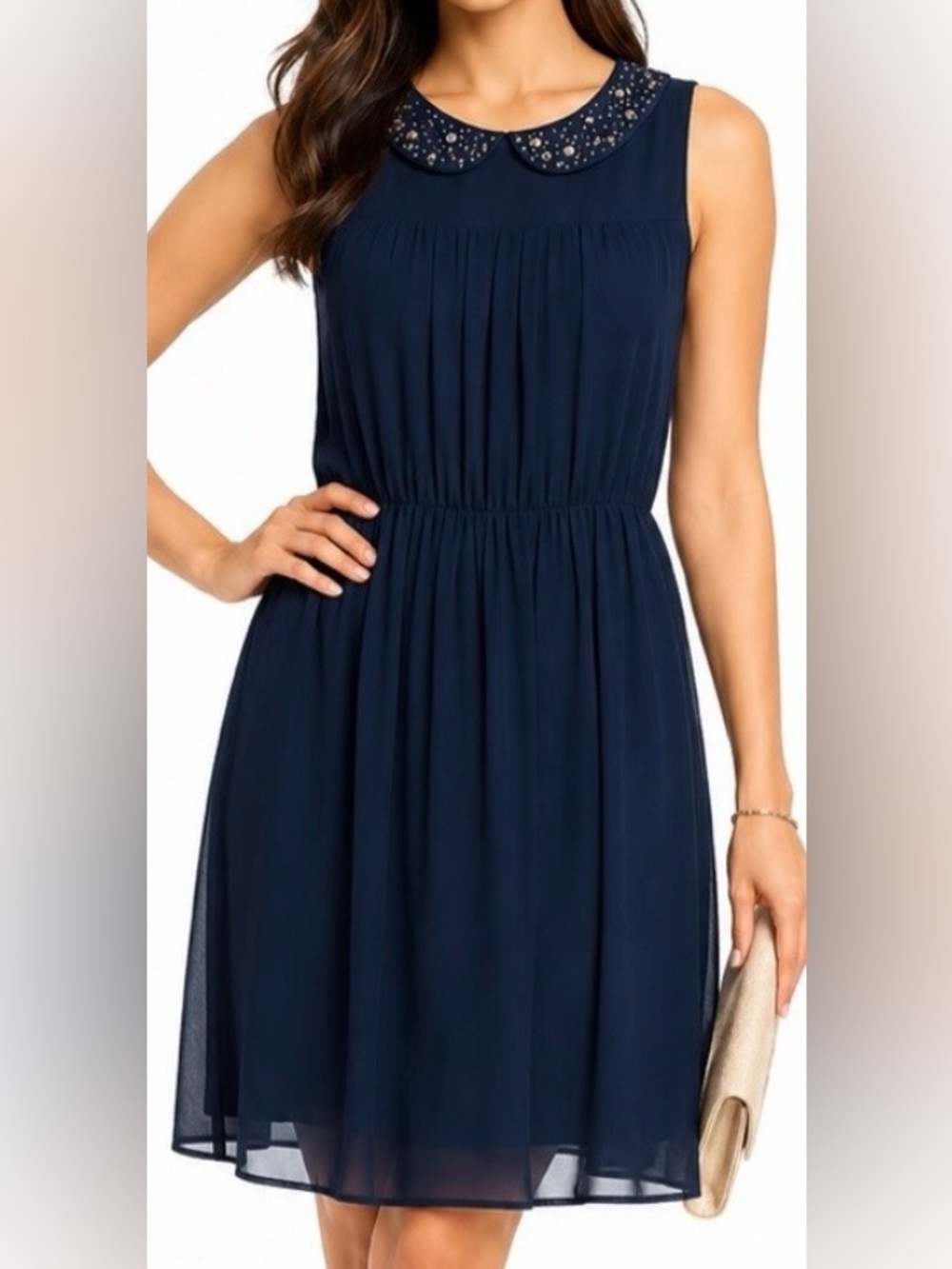 LOFT Navy Blue Embellished Peter Pan Collar Sleeveless Chiffon Shift Dress Sz 10